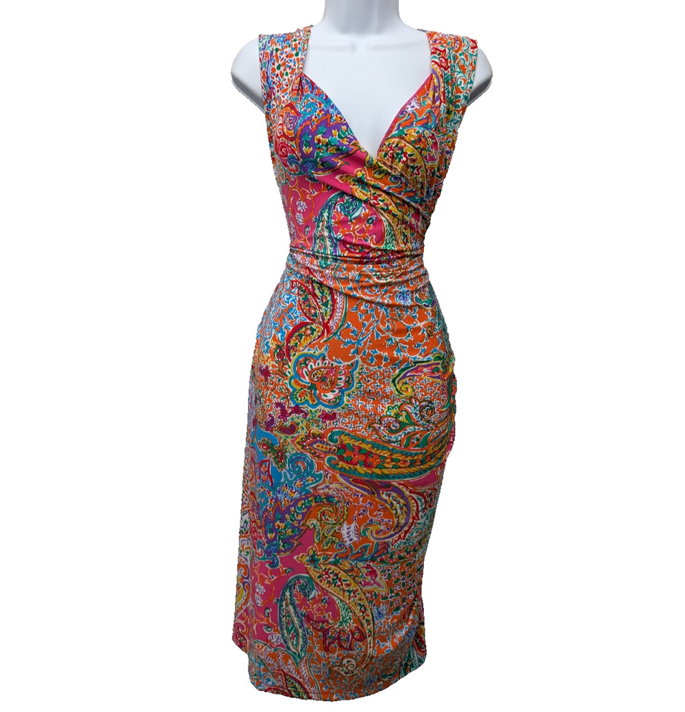 Ralph Lauren Midi Dress Womens 2X Faux Wrap Ruched Colorful Paisley Timeless